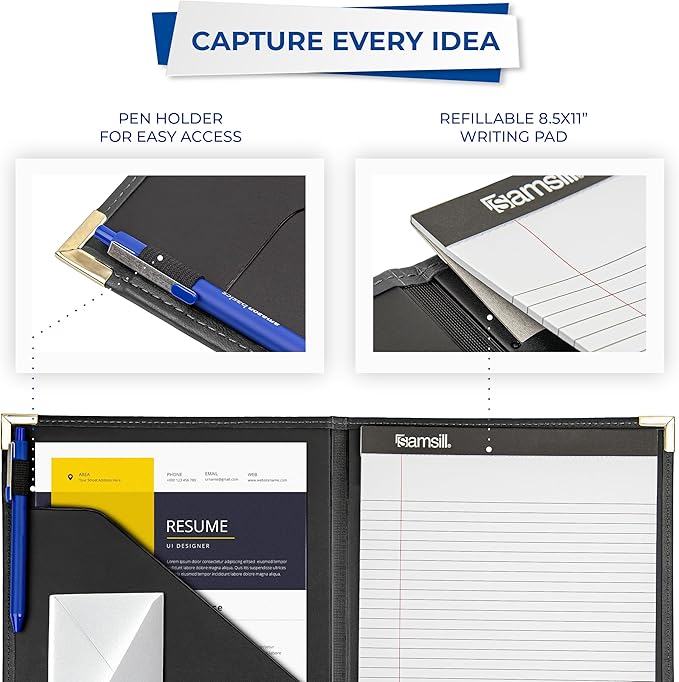 Samsill Classic Collection Business Portfolio - Executive Padfolio for Resume & Document Organizer - 8.5 by 11-Inch Legal Pad, Faux Leather with Brass Corners (Black)