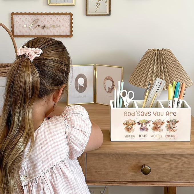 Highland Cow Christian Pen Pencil Holder for Desk, Christian Gifts for Women, God Says You Are Bible Verse Western Highland Cow Wooden Box Sign Decorations for Home Office Desk Tabletop