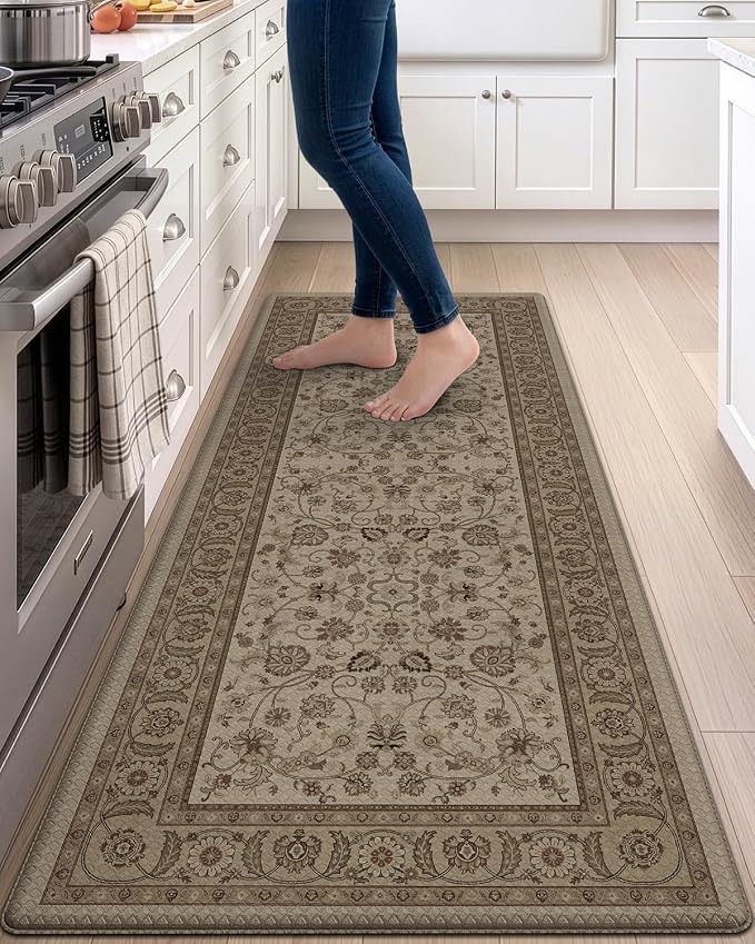 DEXI Kitchen Mats for Floor Cushioned Anti Fatigue, 23x59 Extra Large Wide Runner Rug Non Slip, Waterproof Soft Comfort Standing Rubber Padded, Brown Floral