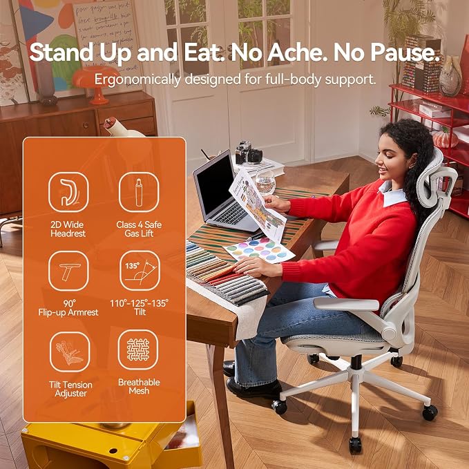 SIHOO B100 Office Chair, Comfy Ergonomic Office Chair, High Back Computer Chair with Adaptive Lumbar Support & Wide Headrest, Flip-up Armrests, Swivel Desk Chair, 2 Packs, Grey