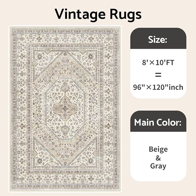 Puino 8x10 Washable Vintage Rug: Oriental Rugs for Living Room Non Slip Backing Stain Resistant Large Indoor Carpet for Bedroom Area Rug Dining Room Decor(Beige,8x10FT)