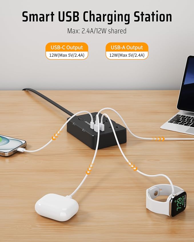 DEPOW Surge Protector Power Strip with Flat Plug, 5 FT Extension Cord with 6 AC Outlets 4 USB Ports(2 USB-C),1050J Surge Protection, Wall Mountable Charging Station for Office, Home, Black