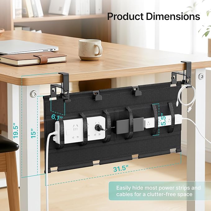 No Drill Under Desk Cable Management Tray, 31.5" Fabric Organizer | Clamp/Screw Premium Mount Cord Holder, for Power Strips, Adapters, with 2 Hooks & 1 Tie Roll for Home Office Gaming, Black