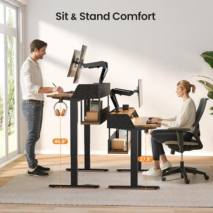 ErGear Electric Standing Desk, 55x28 Inch Adjustable Sit Stand Desk with Bookshelf & Monitor Stand, Standing Gaming Desk with LED Light Strip, Stand Up Desk for Home Office, Vintage Brown | Raised Monitor Stand, 27.9–46.9 Inch Height Range, 4 Memory Pr...