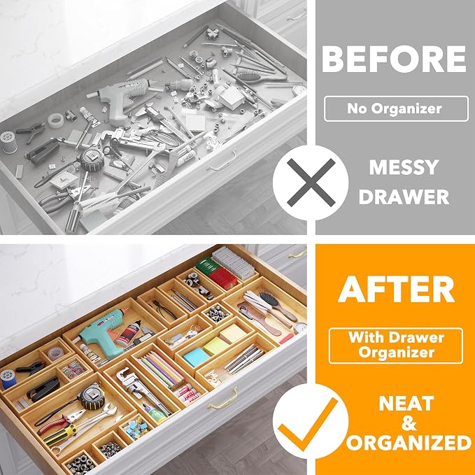SpaceAid 21-Piece Bamboo Drawer Organizer Storage Boxes Set, Wood Tray Junk Drawer Organizers Multi-Use Divider Bins for Kitchen, Bathroom, Office Desk and Makeup Organization (21 Pack, Natural)