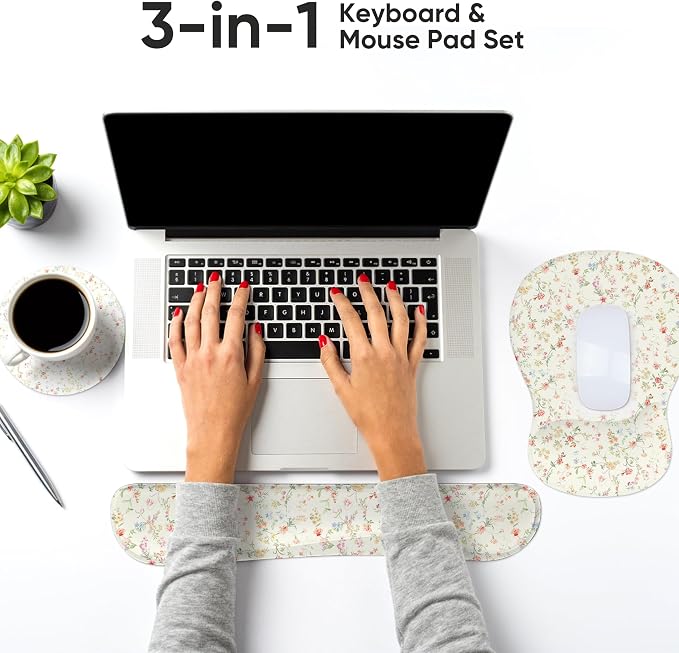 Wrist Rest Support for Mouse Pad Keyboard Set Circle Coaster Gaming Mouse Pad Ergonomic Gel Memory Foam Set for Computer, Laptop, Office, Pain Relief, Comfortably Typing Flowers KM-39