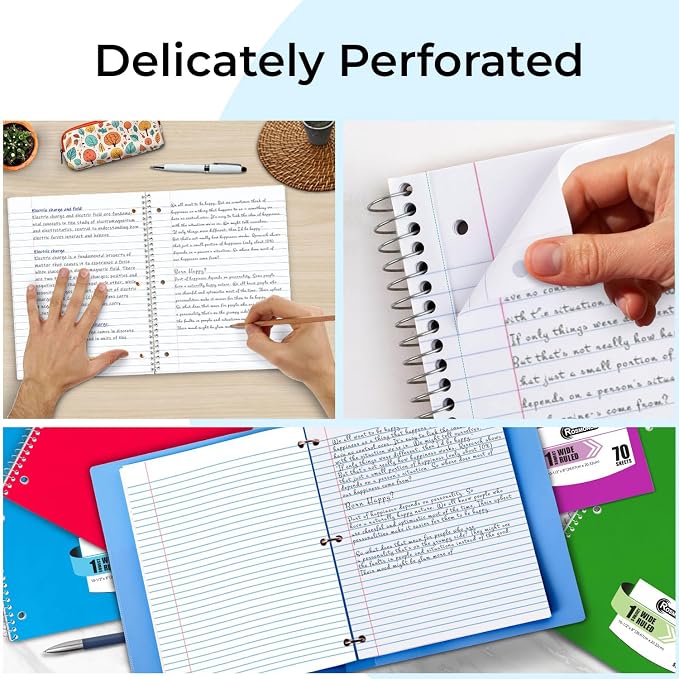 Rosmonde Spiral Notebooks, 24 Pack, 1 Subject Notebook, Wide Ruled, 70 Sheets, 8 x 10-1/2", 3 Hole Punched, Bulk Single Subject Spiral Notebook Bulk, School Supplies, Assorted Colors Pack of Notebooks