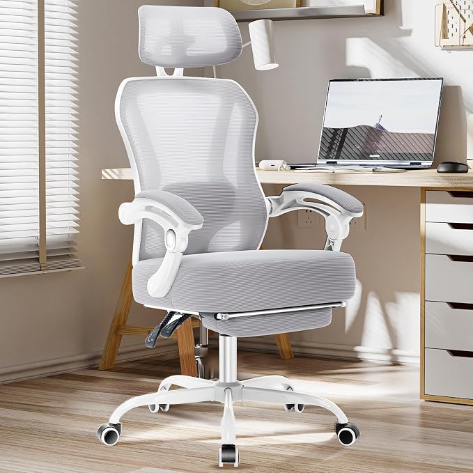 Ergonomic Office Chair with Footrest,Ultra Thick Desk Chair,Grey | 150°Reclining,Mesh High Back,Adjustable 2D Lumbar Support and Headrest,4.8" Spring Cushion,Premium Computer Chair for Adults