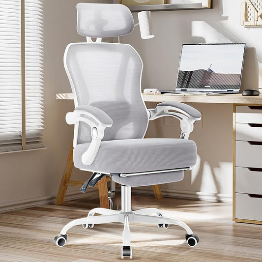 Ergonomic Office Chair with Footrest,Ultra Thick Desk Chair,Grey | 150°Reclining,Mesh High Back,Adjustable 2D Lumbar Support and Headrest,4.8" Spring Cushion,Premium Computer Chair for Adults