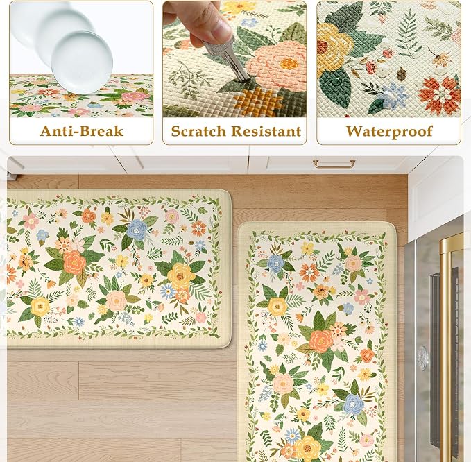 KIMODE Kitchen Mats for Floor Anti Fatigue,Beige Boho Kitchen Rugs Non Slip | Padded Kitchen Floor Mats, Memory Foam Kitchen Mats Cushioned, Standing Desk Mat for Laundry Office Bath Sink 17"x47"+17"x29"