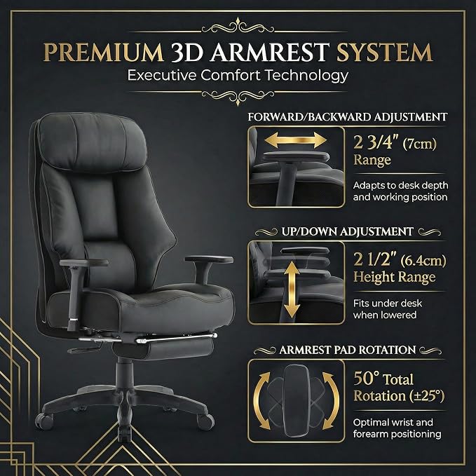 Big and Tall Office Chair 400lbs, Premium PU Leather Executive Chair with Extra Wide Saddle Seat for Cross Legged, 3D Armrests, Footrest, Heavy Duty Ergonomic Reclining Desk Chair (Black)