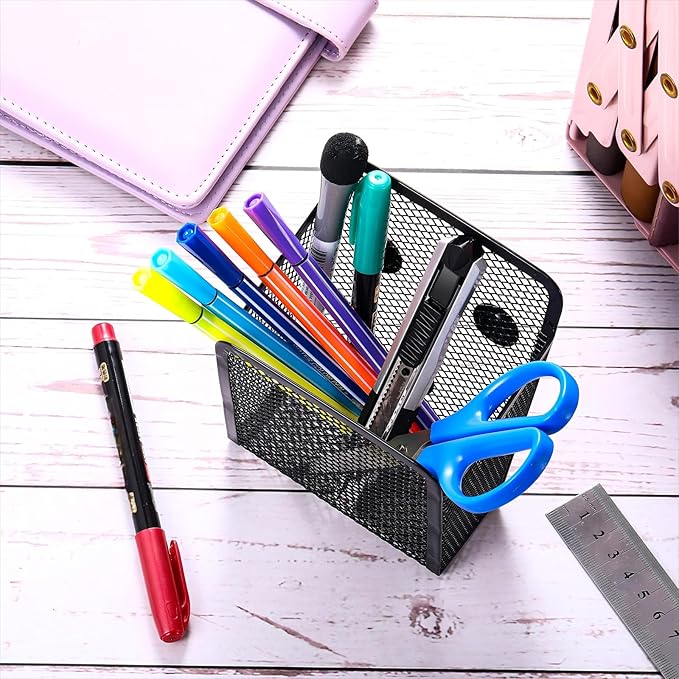 Yexiya Magnetic Pencil Holder Metal Magnetic Basket Mesh Pen Holder Black Desk Organizer for Work Whiteboard Refrigerator Locker Office Accessories(6 Pcs)