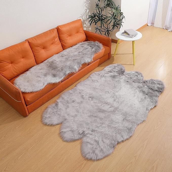 linmopm Faux Fur Sheepskin Rug, Grey, 4x6 ft | Shag Fluffy Fuzzy, High-Density Cushion, For Bedroom Bedside Living Room, Plush Carpet, Sofa Cover
