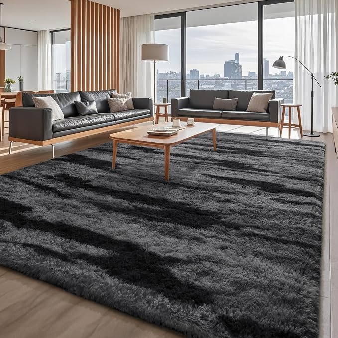 HOMORE 8x10 Area Rug for Living Room, Black and Grey Fluffy Furry Shaggy Rugs for Bedroom, Super Soft and Comfy Carpet for Kids Room, Cute Carpets for Nursery Girls Home Decor