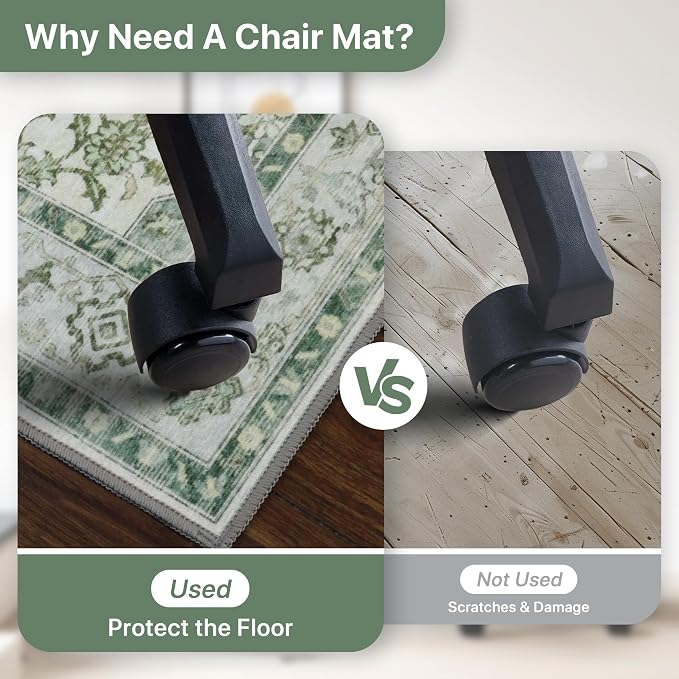 48"x72" Office Chair Mat for Hardwood Tile Floor, Under Desk Carpet Protector for Rolling Computer Chair Mat, Machine Washable Area Rug, Anti-Slip 1/5" Thick Low Pile Thin Vinyl Floor Mat, Green