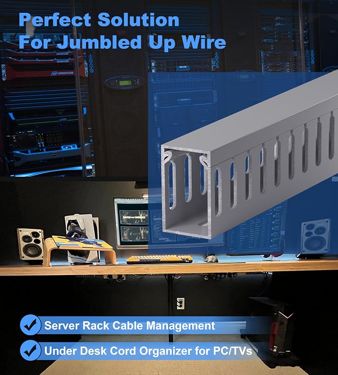 1.6" H x 1" W Cable Raceway, 132in Under Desk Wire Management Channel, Grey | Slotted Wire Duct, 8Pack, 16.5in Each, Heavy-Duty PVC Cable Management for Server Racks, Network Cables & Electrical Cabinets