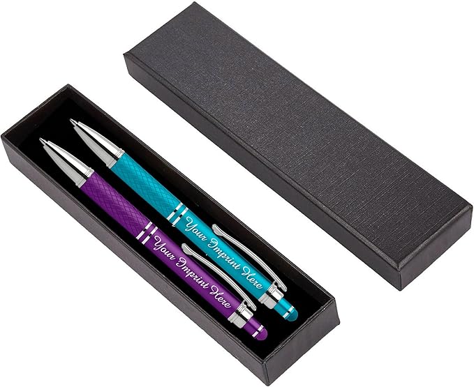 Custom Engraved Personalized Pen Gift Set - 2 Pack of Soft Touch Metal Ballpoint Pens with Gripper & Gift Box - Luxury Customized Pens with Name (Purple-Teal)