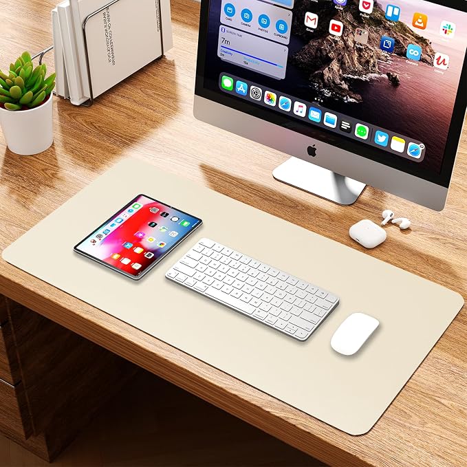 Leather Desk Pad Protector, Waterproof Mouse Pad, PU Desk Mat, Office Desk Cover, Desk Writing Mat for Office/Home/Work/Cubicle (Eggshell) 35.4x17 in