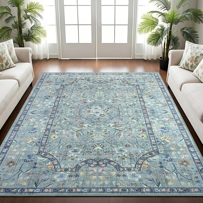 Vasofe 3x5 Area Rug for Bedroom, Washable Rugs for Living Room, Laundry, Kitchen, Vintage Floral Indoor Non Slip Carpet Farmhouse Blue Throw Carpets Soft Low Pile Mat for Dorm Bedside Entryway