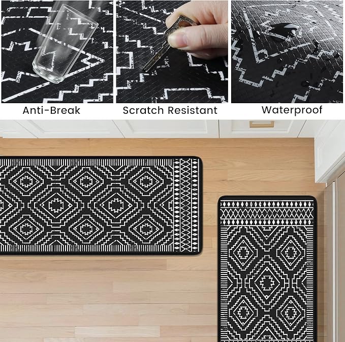 KIMODE Anti Fatigue Kitchen Mat,Black Boho Kitchen Rugs Non Slip Sets of 2,Kitchen mats for Floor Cushioned,Morocco Geometric Memory Foam Cushioned Standing Mats for Sink,Laundry,Office