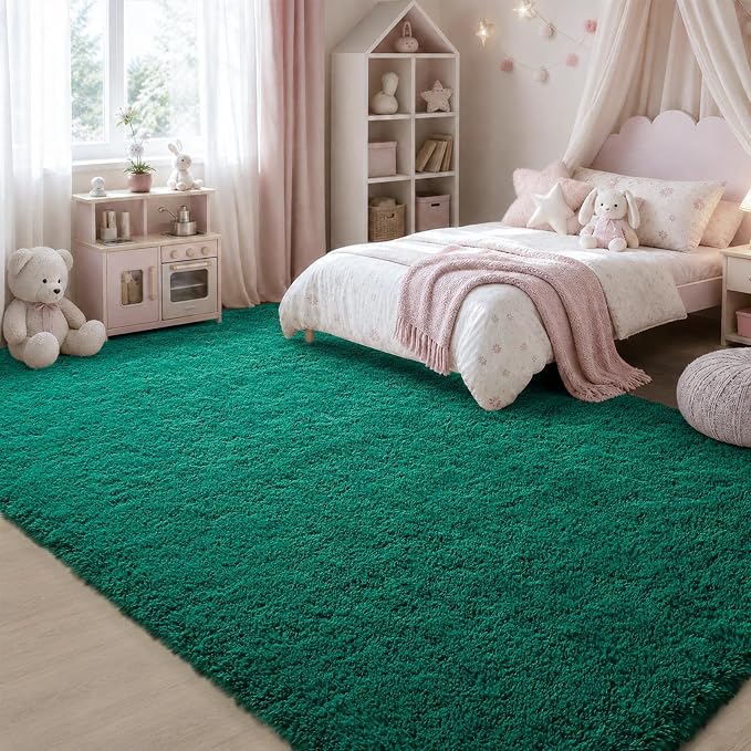Zentavio Dark Green Area Rugs for Living Room Emerald Green Rugs for Bedroom 8x10 Fluffy Fake Grass Large Carpet for Kids Room Playroom Furry Shag Aesthetic Soft High Pile Washable Home Decor