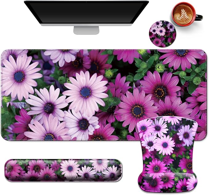 Desk Mat Set + Keyboard and Mouse Pad with Wrist Rest Support,4-in-1 Large Mousepad Computer Mats for Desktop Home & Office -Daisy