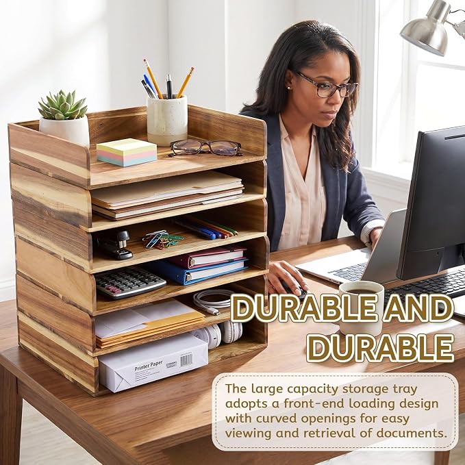 Novabright 6 Pcs Stackable Paper Organizer Tray Acacia Wood Desk Organizer Letter Tray Desktop Letter Size Office Wooden Desk Shelf Paper Holder Folder Organization Rack for File Document (Acacia)