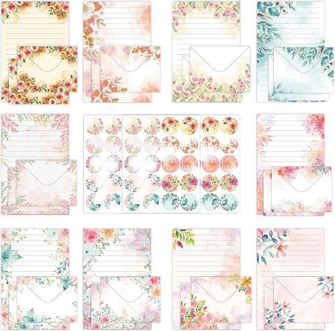 Stationery Paper Envelopes Set 160 Pcs - 50 Lined Writing Paper, 50 Envelopes, 60 Dot Stickers, Vintage/Floral/Leaf/Watercolor Multi-Style Options (STATIONERY-160PCS-FLORAL)