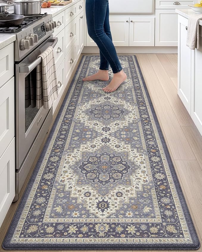 DEXI Kitchen Floor Mats Anti Fatigue, 23x107 Large Long Cushioned Vintage Runner Rug Waterproof, Standing Comfort Memory Foam Padded for Front Sink Laundry Office, Dark Grey