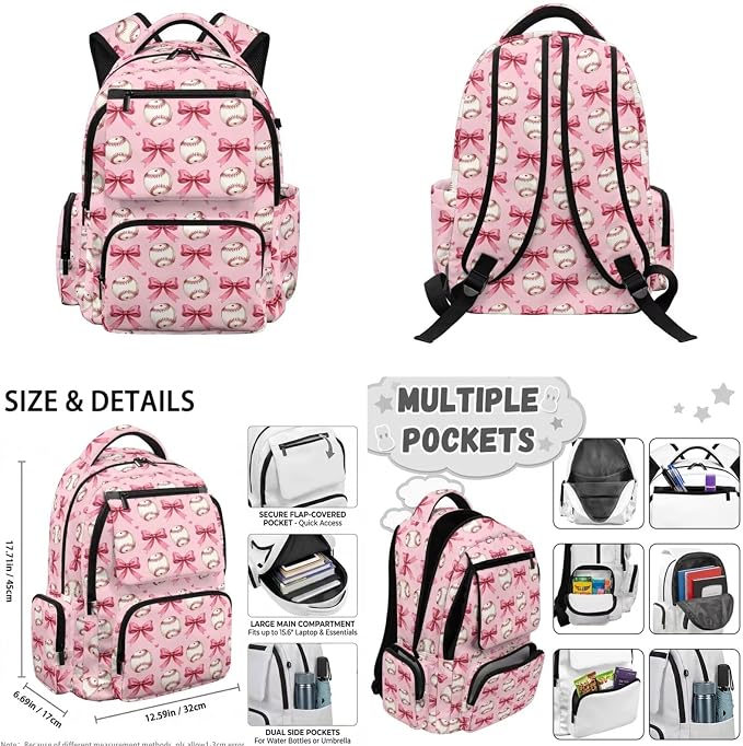 WELLFLYHOM 4 PCS Pink Bow 17 Inch Baseball Backpack for Girls Ages 8-12 | School Set with Insulated Lunch Bag Pencil Case and Water Bottle Sleeve, for Elementary, Junior and Senior School Daily Study