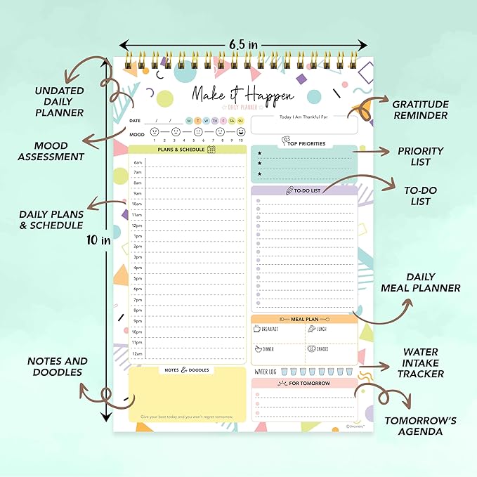 Decorably 52 Sheets Colorful Pastel Undated Daily Planner Pad - 6.5x10in Spring-Bound to Do List Notepad for Schedule, Priorities, Agenda, Water Intake, Meals, Notes and Doodles, Easy Tear-Off Design