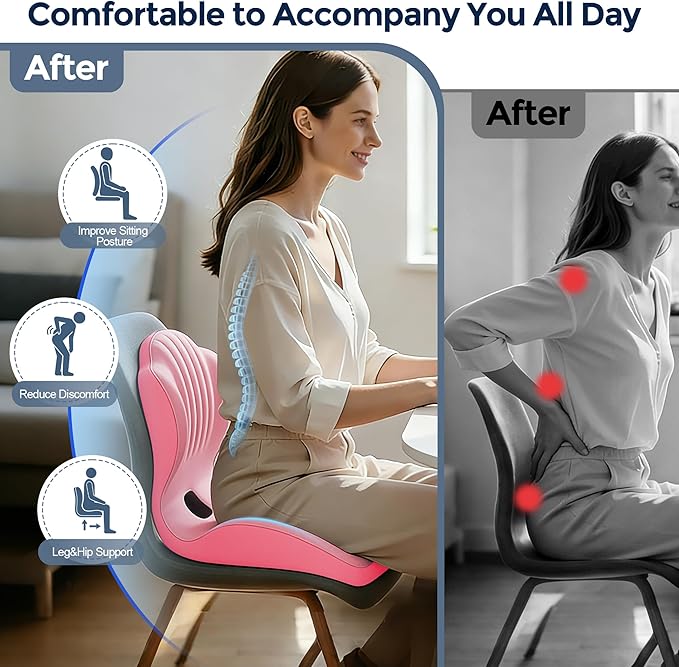 Seat Cushion for Office Chair and Car, L-Shaped Ergonomic Seat Cushions,Memory Foam Orthopedic Cushion with Coccyx Hollow,Lumbar Support & Tailbone Pain Relief for Car, Truck, Home,Gaming Chair,Pink