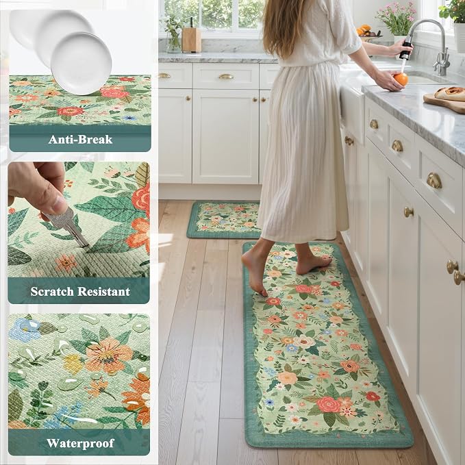KIMODE Kitchen Mats for Floor Cushioned Anti Fatigue, Green Boho Flower Rug | 20"x47"+20"x32" Rugs for Kitchen Floor,Floral Kitchen Rugs Sets of 2,Comfort Kitchen Floor Mats,Standing Desk Mat for Sink