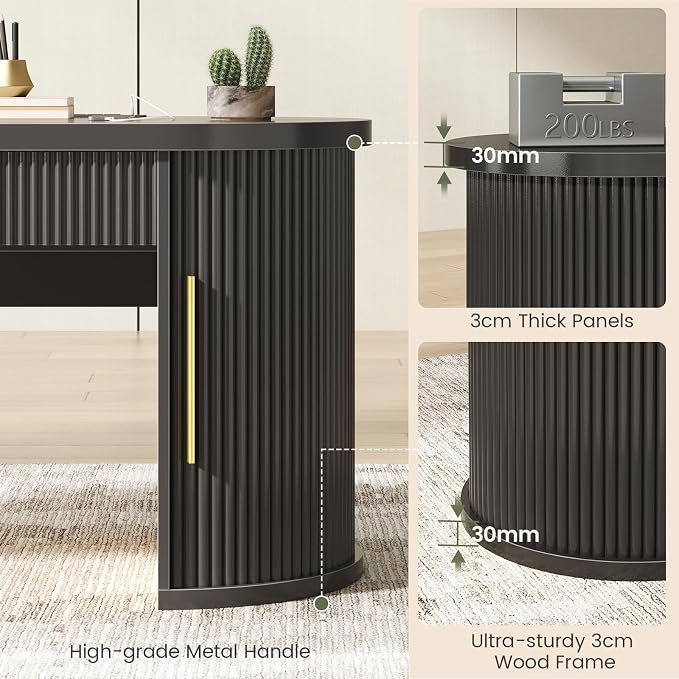 SEDETA Office Desk with 2 Drawers, 58.3" x 21.7" Fluted Long Computer Desk with 2 Sliding Doors Storage and Power Strip, Wood Executive Desk for Home Office, Living Room, Bedroom, Black