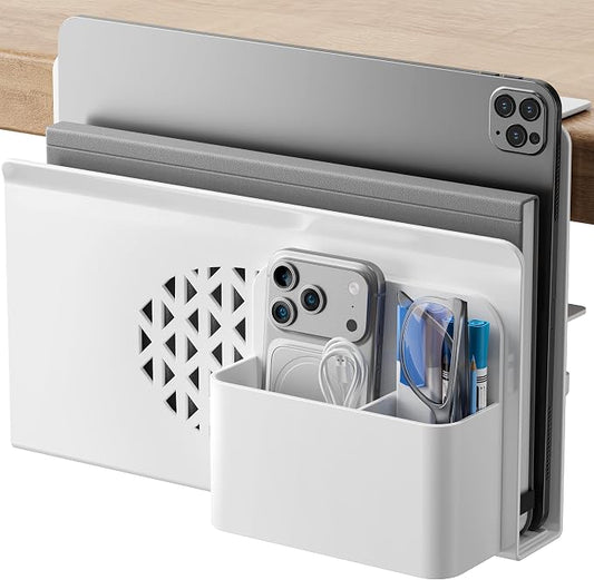 Desk Side Storage, Metal Laptop Holder with Magnetic Pen Box, Clamp-On Under Desk Organizer with Cooling Holes & Anti-Scratch Pads for Office and Home (White)