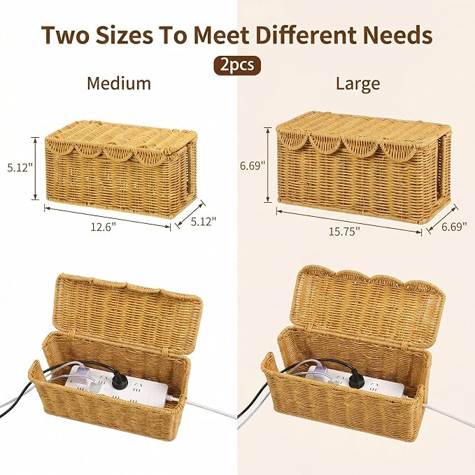 2PCS Cable Management Box, Handwoven Imitation Rattan Cord Organizer, Handmade Rattan Cable Organizer Wire Hider Box, Open Slots Cords Hider BoxCord Basket Under Desk Cord Organizers