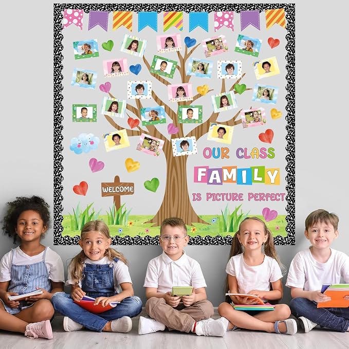 Back to School Bulletin Board Our Class Family is Picture Perfect Bulletin Board Set Colorful Picture Frame Classroom Decor Composition Tree DIY Photo Crafts Cutouts for School Office Teacher Supplies