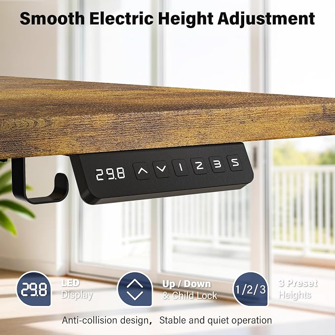 Electric Standing Desk, 63 x 30 Inch, Rustic Brown | Extra Large Desktop, Adjustable Height, Sit to Stand, Home Office Workstation, Supports Dual & Triple Monitor