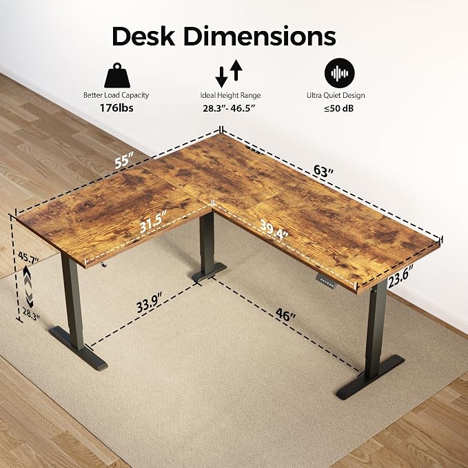 Agilestic L Shaped Standing Desk 63 x 55 inch Adjustable Height, Electric Corner Standing Desk, Sit Stand Computer Table with Splice Board, Vintage Brown