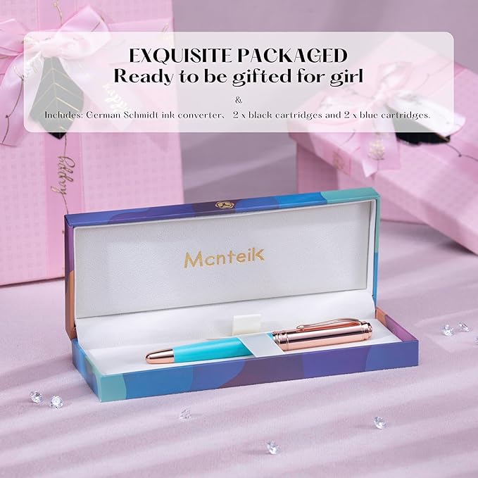 Turquoise Pen with 8MM Diamond-Stunning Luxury Fountain Pen, Schmidt 18K Gold Plated Nib (Fine), Real Rose Gold Finish, Fancy Pen Gift Set for Women, Executive, Nice, Beautiful Designer Pens