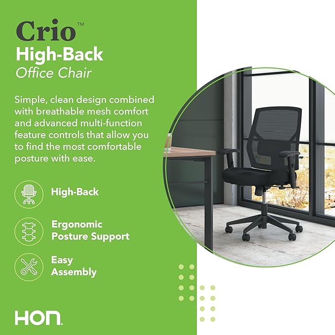 HON Crio Ergonomic Mesh Office Chair, High‑Back Desk Chair with Adjustable Arms, Lumbar Support, Center‑Tilt Swivel Seating for Computer Desks and Home Office, Black Frame, Black