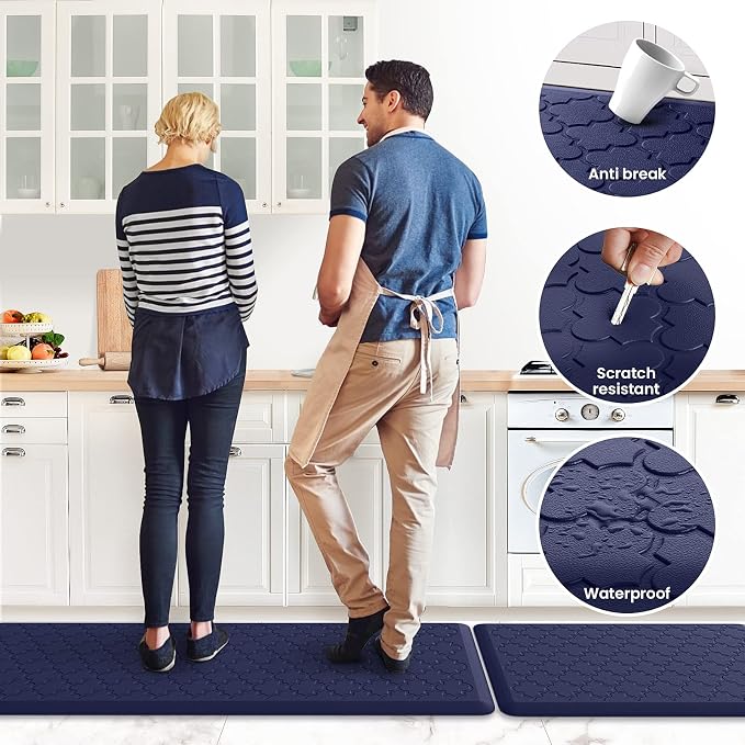 Kitchen Mat [2 PCS] Cushioned Anti-Fatigue Floor Mat Water Resistant Non-Skid Kitchen Mats and Rugs Ergonomic Comfort Foam Kitchen Rugs Standing Mat for Floor Office Sink(Blue,17.3"x28"+17.3"x60")