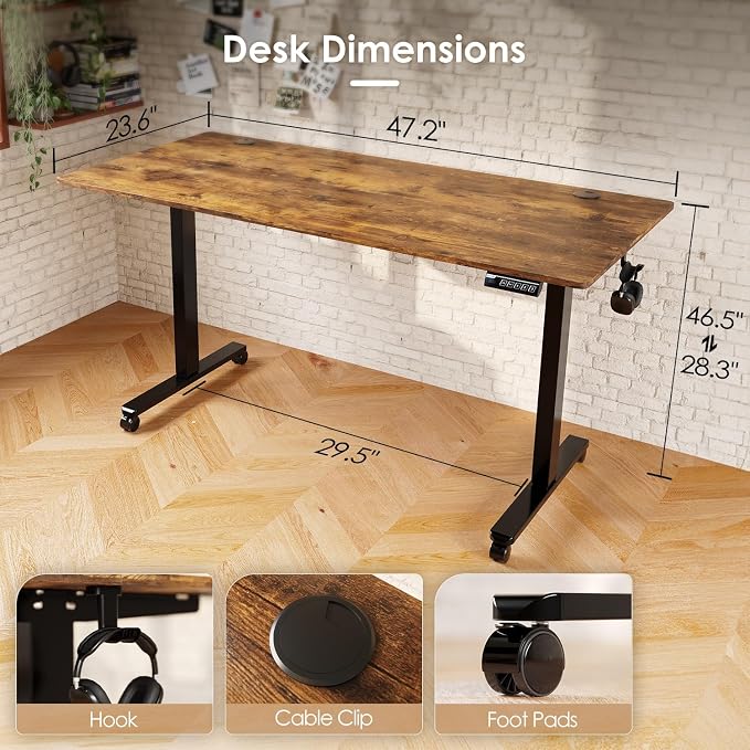 Monomi Electric Standing Desk 48”x24”, Height Adjustable Desk with Wheels | Sit Stand Up Desk for Home Office,Ergonomic Computer desk with Memory Preset and Anti-Collision,Headphone Hook, Rustic Brown