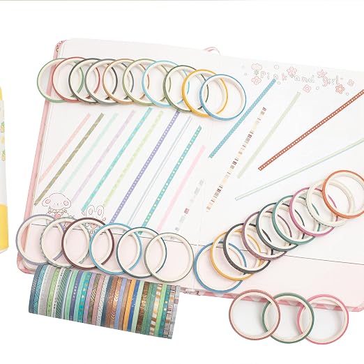 YUBBAEX 60 Rolls Skinny Washi Tape Set Gold Foil Masking Thin Basic Patterns Decorative Tapes for Arts, DIY Crafts, Journals, Planners, Scrapbook, Wrapping