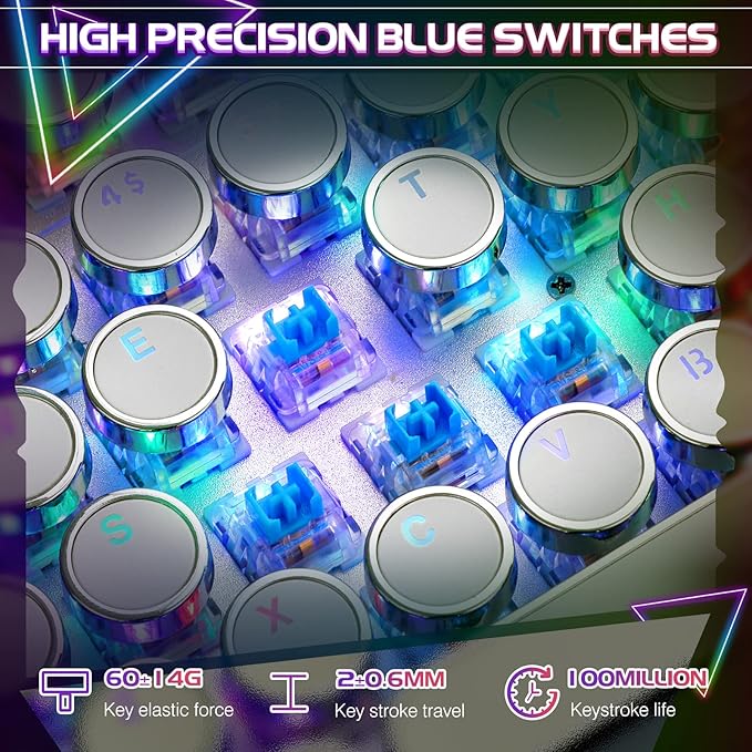 Typewriter Style Mechanical Gaming Keyboard RGB Backlit Wired with Blue Switch Retro Round Keycap 104 Keys Keyboard (White 104 Keys RGB)