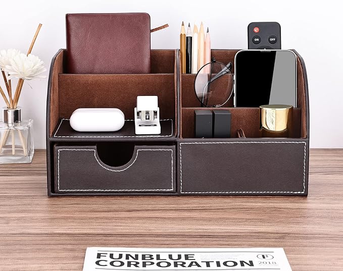 Pu Leather Desk Organizer Pen Pencil Holder Office Supplies Caddy Storage Box 6 Compartments with Drawer Brown