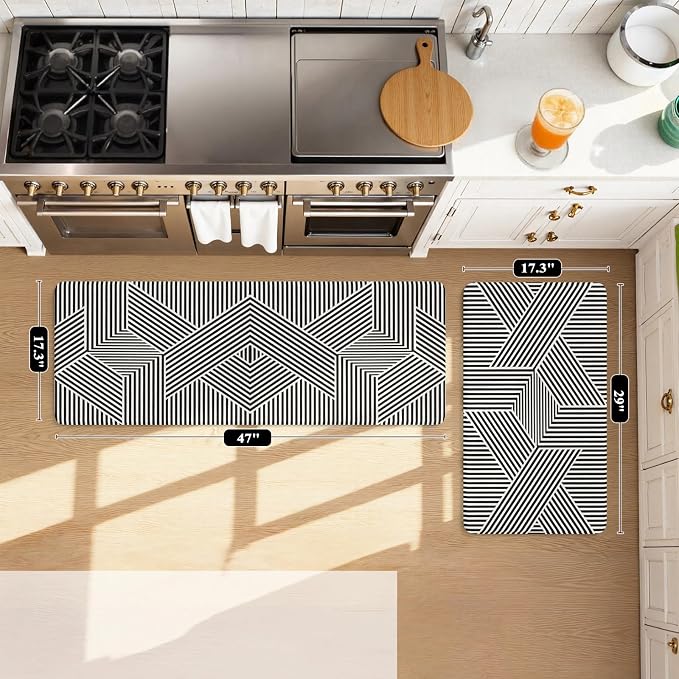 KIMODE Anti Fatigue Kitchen Mats, Padded Kitchen Floor Mats 17"x47"+17"x29" | Geometric Kitchen Rugs Sets of 2, Black White Rugs for Kitchen Floor, Cushioned Standing Mat for Laundry Office Sink Desk