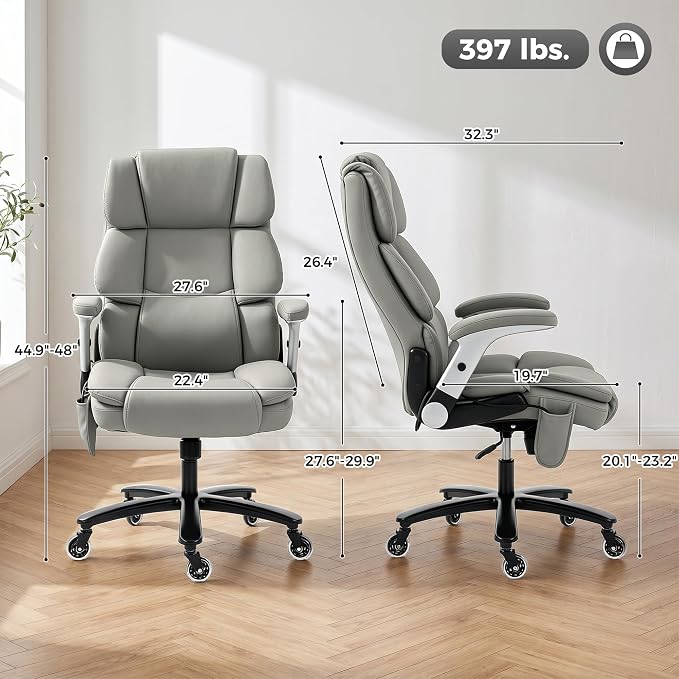HOMCOM 400 Lbs Heavy Duty Office Chair with Adjustable Lumbar Support Gray | Inflatable Adjustable Lumbar Support, Heavy Duty High Back Desk Chair, Pet-Friendly Fabric, 4-Level Gas Lift
