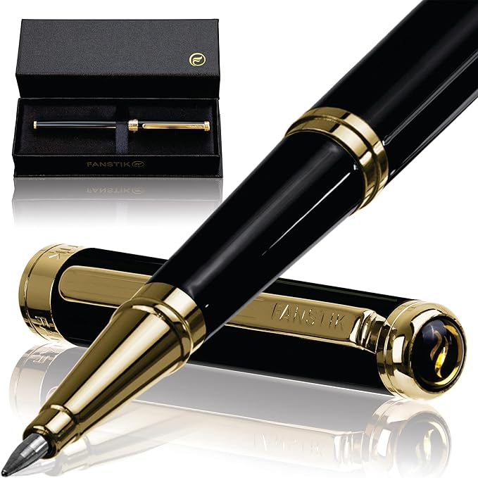 FANSTIK Customized Black & Gold Luxury Rollerball pen, fancy gift set for women, Real 24K Gold Plating, Professional executive pen gift set for men (Lux Custom-Rollerball Black-Gold)
