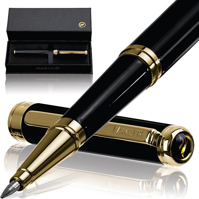 FANSTIK Black & Gold Luxury Rollerball pen, fancy gift set for women, Real 24K Gold Plating, Professional executive pen gift set for men (Lux Rollerball Black-Gold)